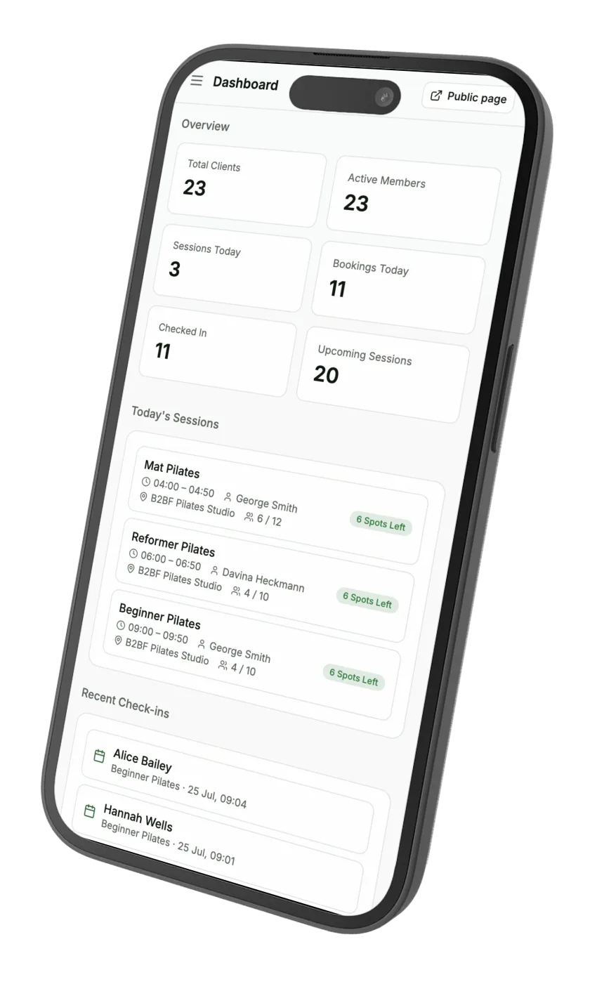 The Book2befit dashboard on a phone, showing today's sessions, bookings and recent check-ins.